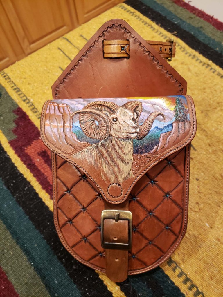 Custom Leather Pommel Bag with Bighorn Sheep scene