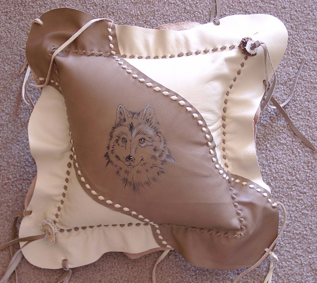 Custom Western Leather Pillow with Wolf 